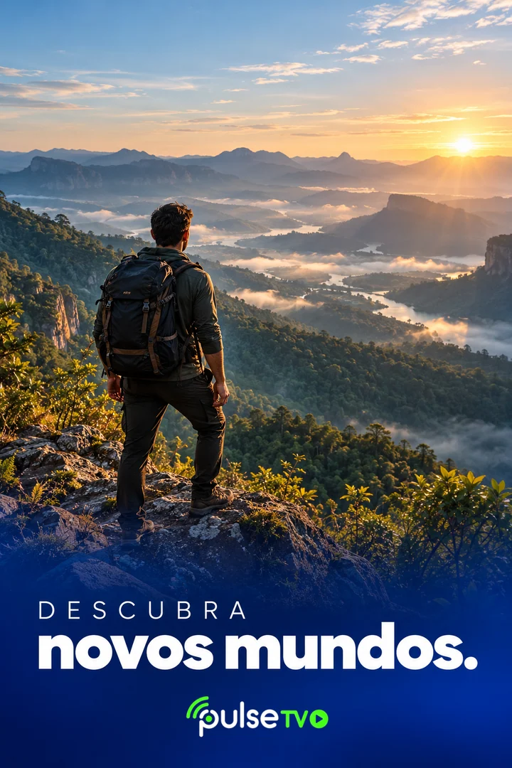 Descubra novos mundos com PulseTV. Arte ilustrativa de aventura nas montanhas.