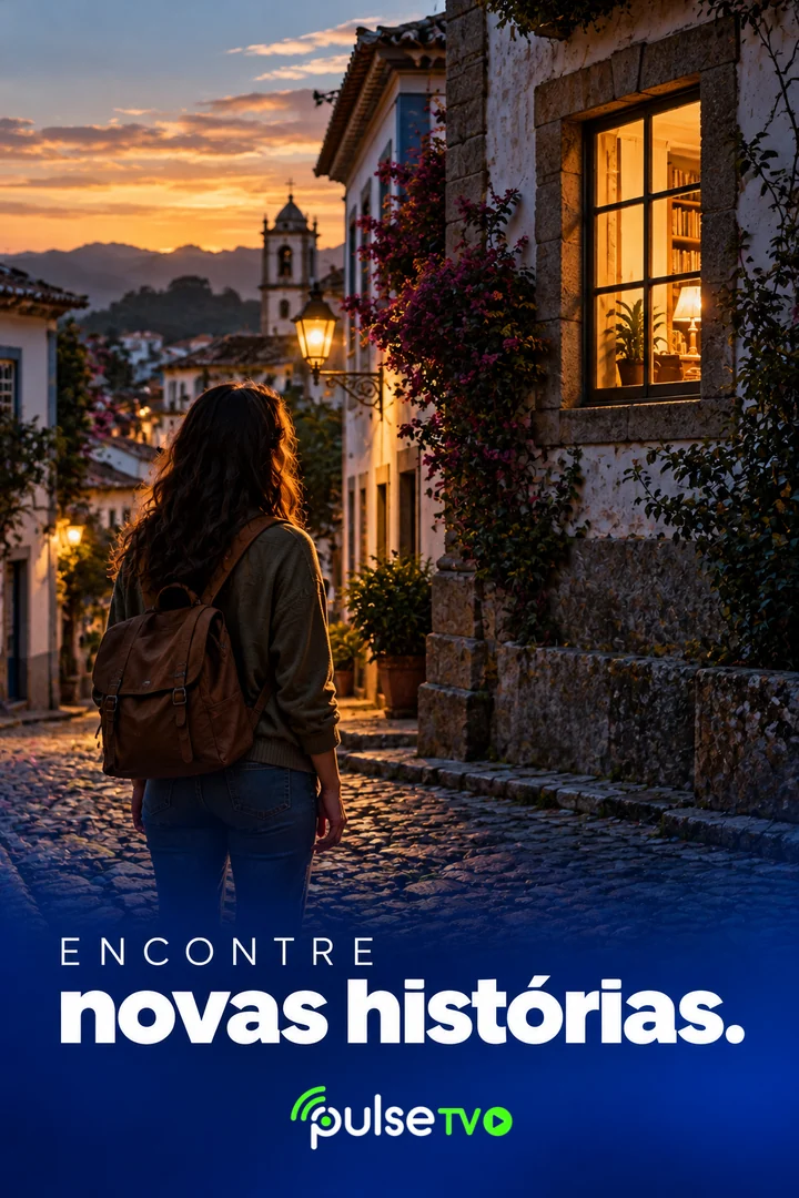 Encontre novas histórias com PulseTV. Arte ilustrativa em uma cidade histórica ao entardecer.